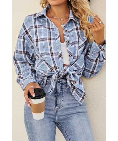 Womens Button Down Flannel Shirts Long Sleeve Plaid Shackets Business Casual Blouse Top Blue Haze-7123 $14.99 Blouses