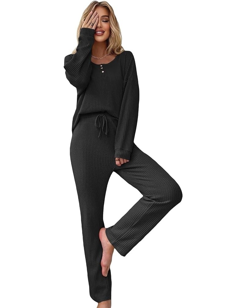 Women's 2 Piece Waffle Knit Button Down Long Sleeve Top and Pants Pj Lounge Set Black $19.20 Sleep & Lounge