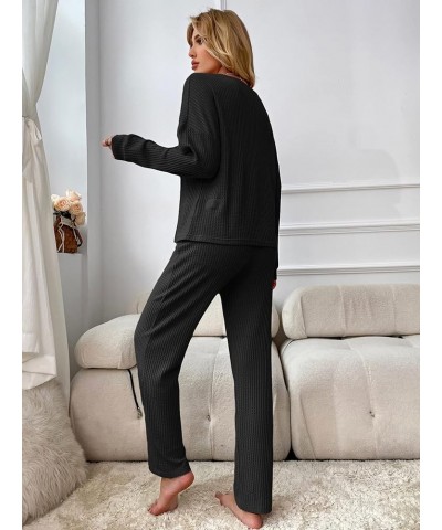 Women's 2 Piece Waffle Knit Button Down Long Sleeve Top and Pants Pj Lounge Set Black $19.20 Sleep & Lounge