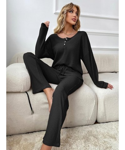 Women's 2 Piece Waffle Knit Button Down Long Sleeve Top and Pants Pj Lounge Set Black $19.20 Sleep & Lounge