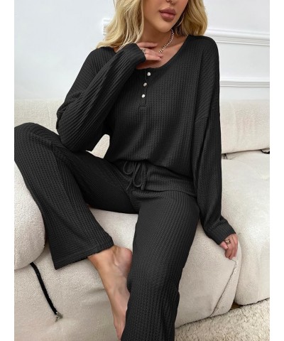 Women's 2 Piece Waffle Knit Button Down Long Sleeve Top and Pants Pj Lounge Set Black $19.20 Sleep & Lounge