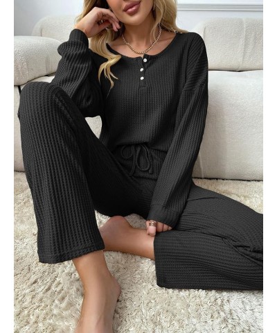 Women's 2 Piece Waffle Knit Button Down Long Sleeve Top and Pants Pj Lounge Set Black $19.20 Sleep & Lounge