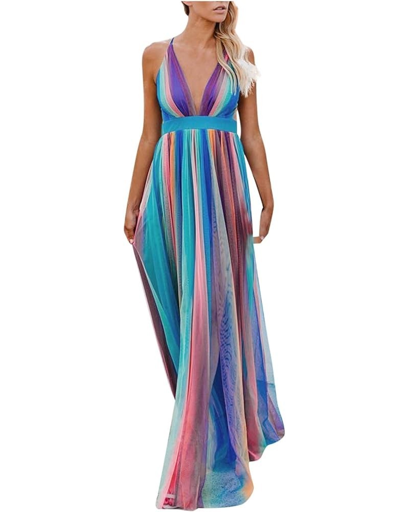 Women's Rainbow Tulle Cami Maxi Dress Deep V-Neck Cross Back High Waist A-Line Dresses Sexy Backless Beach Long Dress Purple ...