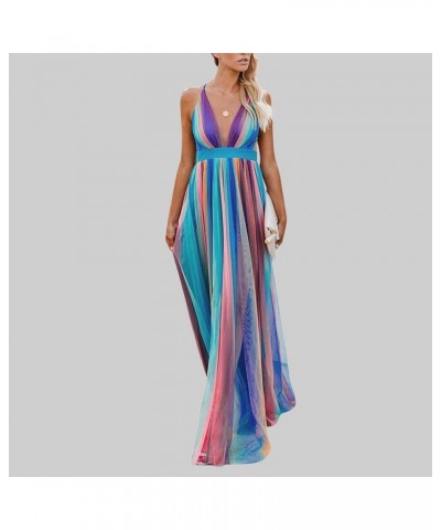 Women's Rainbow Tulle Cami Maxi Dress Deep V-Neck Cross Back High Waist A-Line Dresses Sexy Backless Beach Long Dress Purple ...