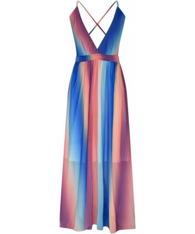 Women's Rainbow Tulle Cami Maxi Dress Deep V-Neck Cross Back High Waist A-Line Dresses Sexy Backless Beach Long Dress Purple ...