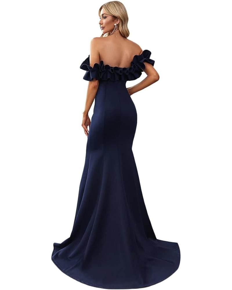 Womens Off Shoulder Ruffle Sleeve Bodycon Formal Party Dress 0274 Navy Blue $32.67 Dresses