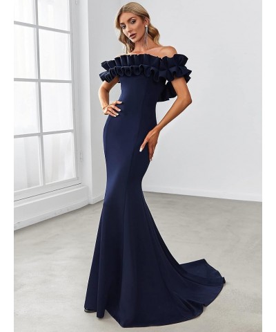 Womens Off Shoulder Ruffle Sleeve Bodycon Formal Party Dress 0274 Navy Blue $32.67 Dresses