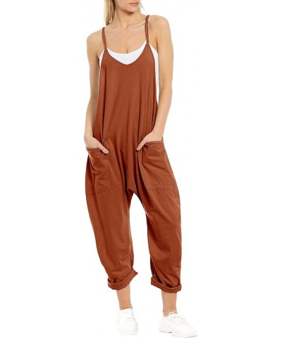 Women's Loose V Neck Sleeveless Jumpsuits Spaghetti Straps Harem Long Pants Overalls with Pockets Rust $12.50 Overalls