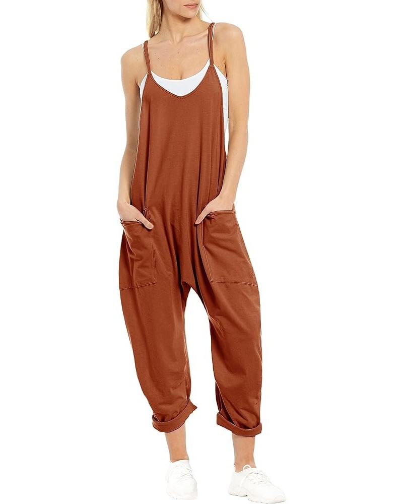 Women's Loose V Neck Sleeveless Jumpsuits Spaghetti Straps Harem Long Pants Overalls with Pockets Rust $12.50 Overalls