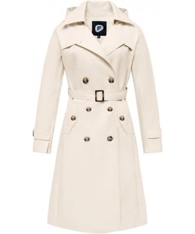 Women's Waterproof Long Trench Coat Double Breasted Length Classic Lapel Belt Coat With Removable Hood Beige $38.99 Coats