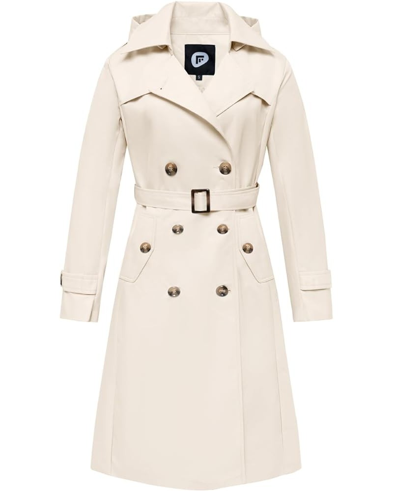 Women's Waterproof Long Trench Coat Double Breasted Length Classic Lapel Belt Coat With Removable Hood Beige $38.99 Coats