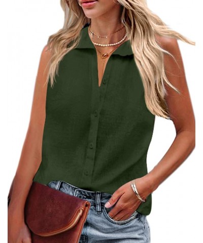 Womens Sleeveless Button Down Shirt Collared Cotton Linen Blouse Casual Office Shirts Basic Tank Top Army Green $14.78 Blouses