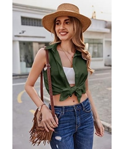 Womens Sleeveless Button Down Shirt Collared Cotton Linen Blouse Casual Office Shirts Basic Tank Top Army Green $14.78 Blouses