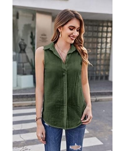 Womens Sleeveless Button Down Shirt Collared Cotton Linen Blouse Casual Office Shirts Basic Tank Top Army Green $14.78 Blouses