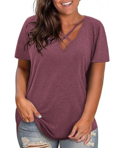 Plus-Size Tops for Women Short Sleeve Color Block Casual T-Shirts Tunics 55_wine Red $10.25 Tops