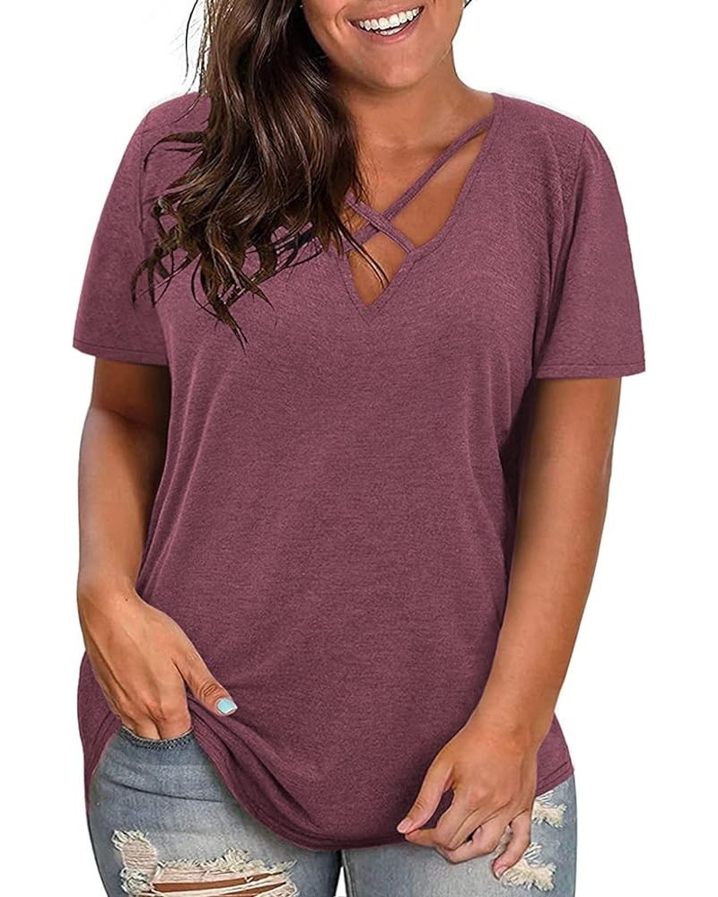 Plus-Size Tops for Women Short Sleeve Color Block Casual T-Shirts Tunics 55_wine Red $10.25 Tops