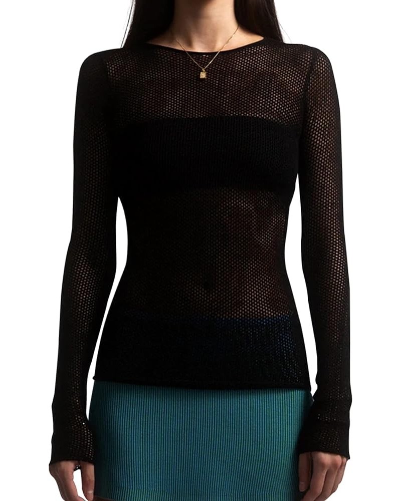 Women Sexy Fishnet Hollow Out Knit Cover Up Smock Top See Through Slim Fit Crew Neck Solid Mesh Blouse Top Black $11.28 Swims...