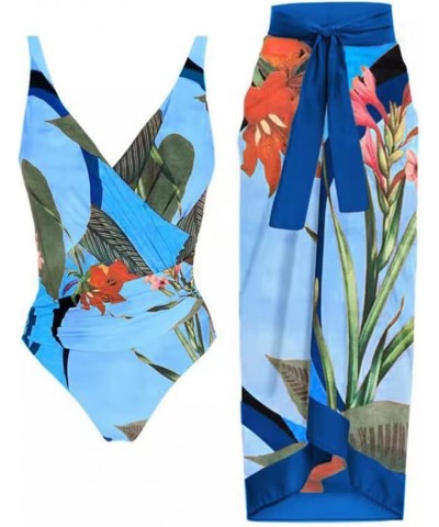 Women's One Piece Swimsuit with Beach Cover up Wrap Skirt Sarong Retro Floral Print Bikini Set Two Piece Bathing Suit Blue Fl...