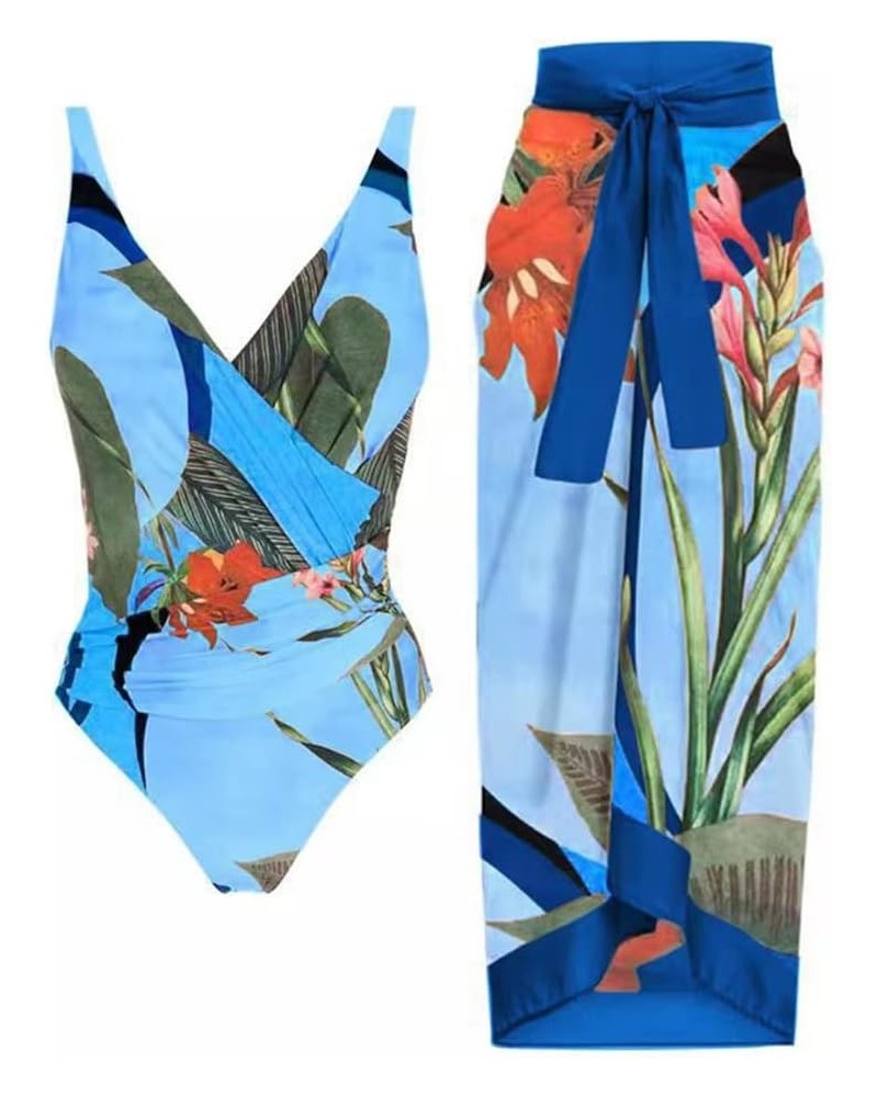 Women's One Piece Swimsuit with Beach Cover up Wrap Skirt Sarong Retro Floral Print Bikini Set Two Piece Bathing Suit Blue Fl...