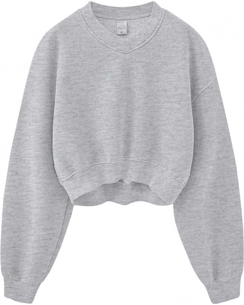 Women Casual Cropped Sweatshirt Basic Solid Long Sleeve Fleece V Neck Loose Drop Shoulder Pullover Crop Tops Vintage Grey -V0...