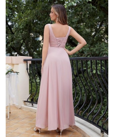 V Neck Chiffon Bridesmaid Dresses Spaghetti Straps Ruched Formal Prom Party Gown A-Line Split Wedding Guest Dress Dark Pink $...