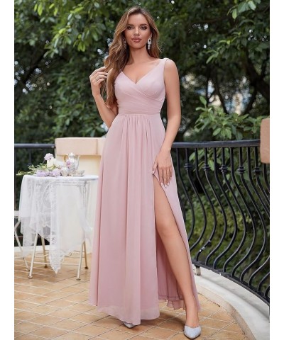 V Neck Chiffon Bridesmaid Dresses Spaghetti Straps Ruched Formal Prom Party Gown A-Line Split Wedding Guest Dress Dark Pink $...