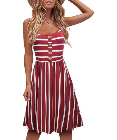 Womens Spaghetti Strap Button Detail Pleated Summer Casual Stripe Dresses Red White $16.11 Dresses