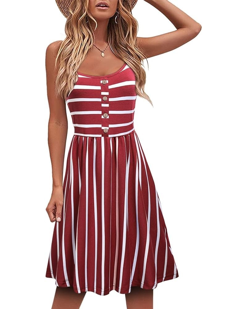 Womens Spaghetti Strap Button Detail Pleated Summer Casual Stripe Dresses Red White $16.11 Dresses