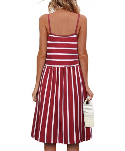 Womens Spaghetti Strap Button Detail Pleated Summer Casual Stripe Dresses Red White $16.11 Dresses