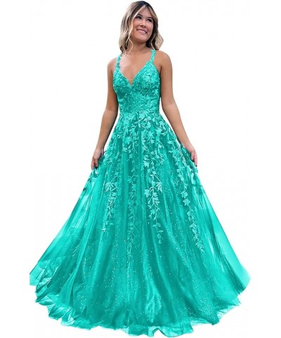 Lace Appliques Prom Dresses Long Spaghetti Straps Sparkly Beaded Formal Evening Gowns Turquoise $34.85 Dresses