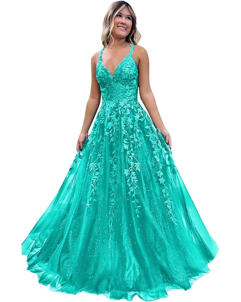 Lace Appliques Prom Dresses Long Spaghetti Straps Sparkly Beaded Formal Evening Gowns Turquoise $34.85 Dresses