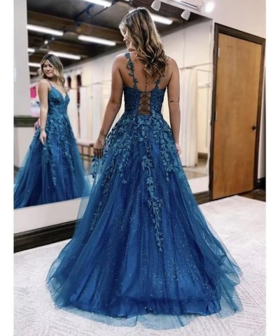 Lace Appliques Prom Dresses Long Spaghetti Straps Sparkly Beaded Formal Evening Gowns Turquoise $34.85 Dresses