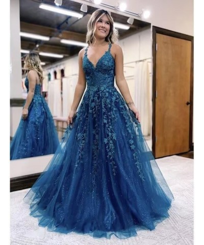 Lace Appliques Prom Dresses Long Spaghetti Straps Sparkly Beaded Formal Evening Gowns Turquoise $34.85 Dresses