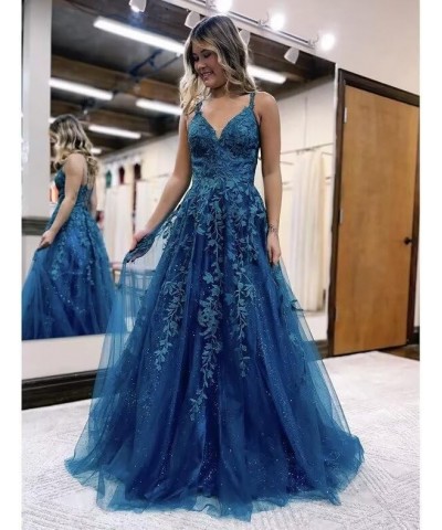 Lace Appliques Prom Dresses Long Spaghetti Straps Sparkly Beaded Formal Evening Gowns Turquoise $34.85 Dresses