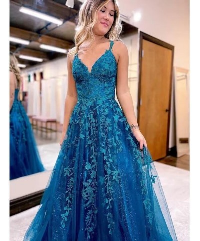 Lace Appliques Prom Dresses Long Spaghetti Straps Sparkly Beaded Formal Evening Gowns Turquoise $34.85 Dresses