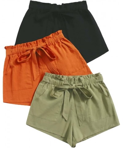 Women's 3 Pcs Elastic Paperbag Waist Wide Leg Casual Solid Shorts Black Orange $25.00 Shorts