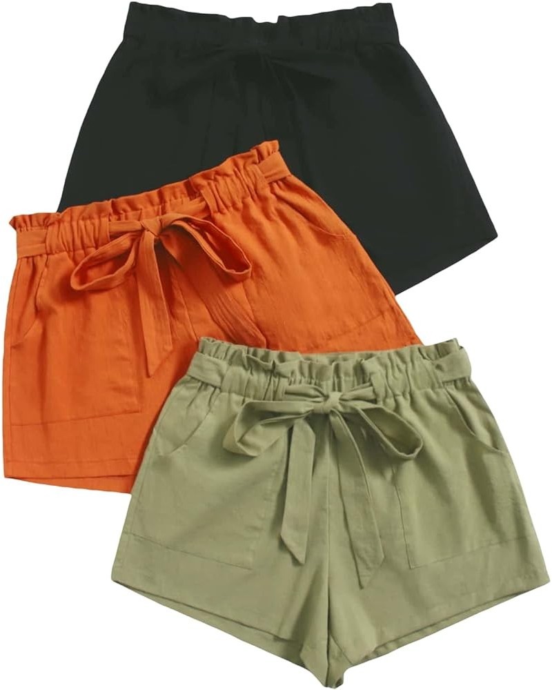 Women's 3 Pcs Elastic Paperbag Waist Wide Leg Casual Solid Shorts Black Orange $25.00 Shorts