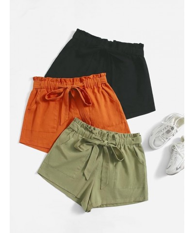 Women's 3 Pcs Elastic Paperbag Waist Wide Leg Casual Solid Shorts Black Orange $25.00 Shorts