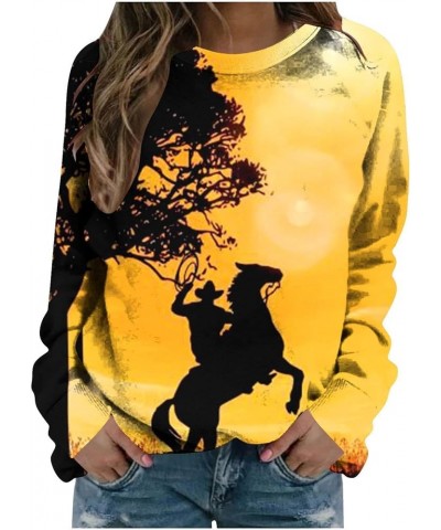 Riding Horse Sweatshirts Women Long Sleeve Horse Print Crew Neck Pullover Comfort Stylish Casual Loose Travel Tops Yellow Hor...