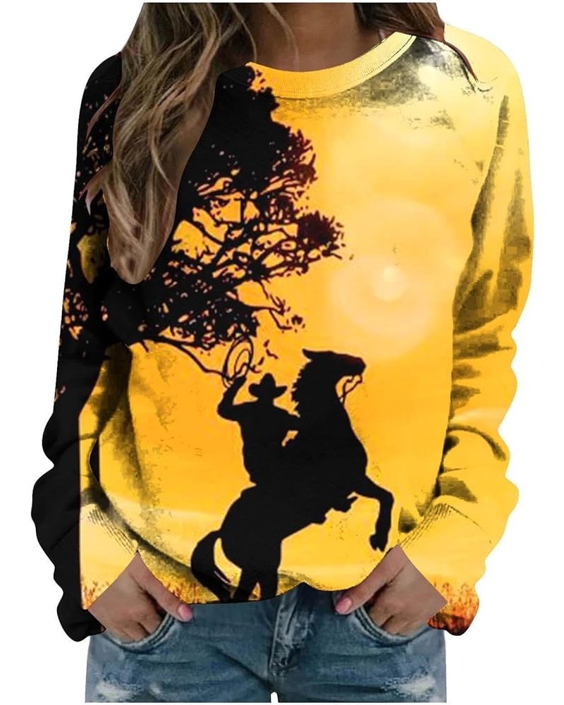 Riding Horse Sweatshirts Women Long Sleeve Horse Print Crew Neck Pullover Comfort Stylish Casual Loose Travel Tops Yellow Hor...