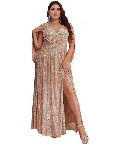 Women's Plus Size Flare Sleeve V Neck Side Split Sequin Formal Prom Dress Gold $41.65 Dresses