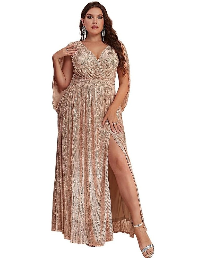 Women's Plus Size Flare Sleeve V Neck Side Split Sequin Formal Prom Dress Gold $41.65 Dresses