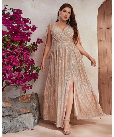 Women's Plus Size Flare Sleeve V Neck Side Split Sequin Formal Prom Dress Gold $41.65 Dresses