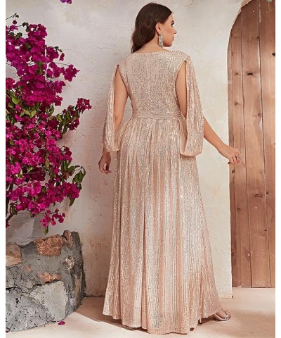 Women's Plus Size Flare Sleeve V Neck Side Split Sequin Formal Prom Dress Gold $41.65 Dresses