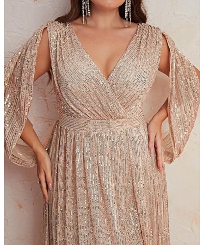 Women's Plus Size Flare Sleeve V Neck Side Split Sequin Formal Prom Dress Gold $41.65 Dresses