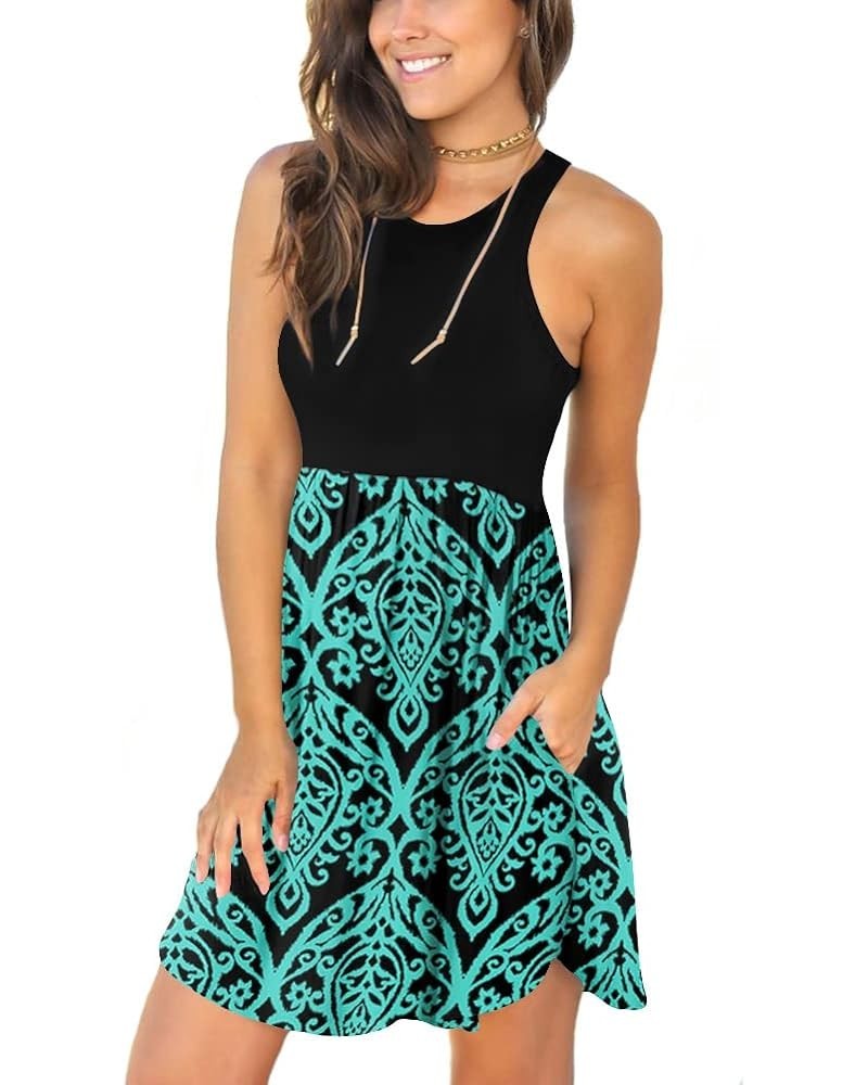 Women's Summer Dress Casual Sundresses Sleeveless Tank Stretchy Dresses Cover up with Pockets Black-turquoise Floral $21.44 D...