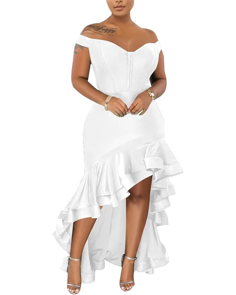 Womens Sexy Off Shoulder Ruffle Asymmetrical Bodycon Evening Party Cocktail Maxi Dress White $24.43 Dresses