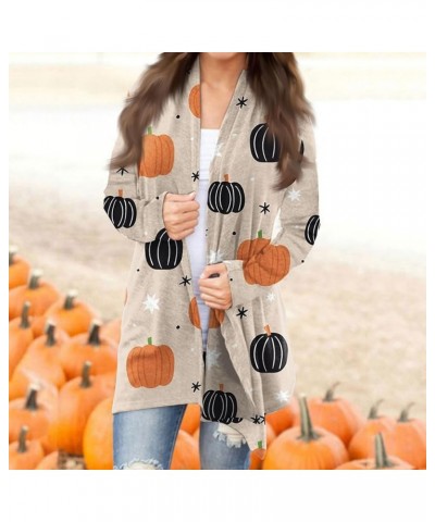 Cardigan for Women Lightweight Long Sleeve Halloween Pumpkin Cat Print Knitted Coats Open Front Knitted Sweaters 2-khaki $9.6...