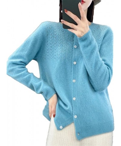 Spring Female O-Neck Hollow Out Wool Sweater Women Knitted Cardigan Knitwear Loose Tops Blue $22.13 Sweaters