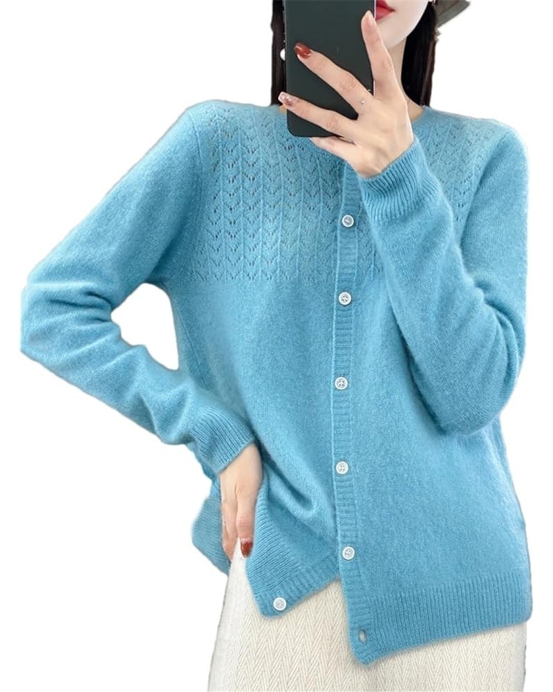 Spring Female O-Neck Hollow Out Wool Sweater Women Knitted Cardigan Knitwear Loose Tops Blue $22.13 Sweaters